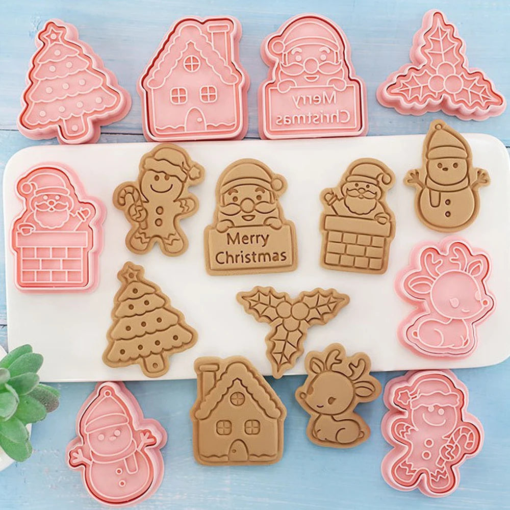 8Pcs/Set Christmas Biscuit Mold Santa Snowman Tree Elk Cute Pattern Cookie Stamp Pressure