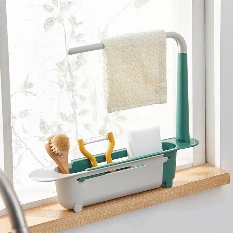 Kitchen Sink Organizer Telescopic Sink Shelf Drainer Rack Storage Basket Soap Sponge Storage