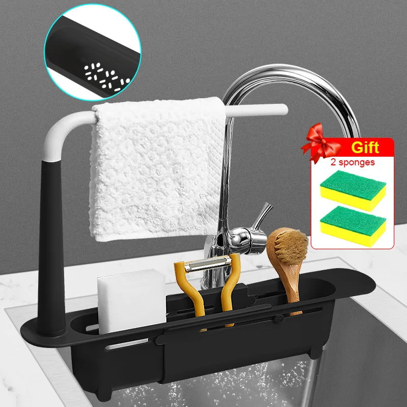 Kitchen Sink Organizer Telescopic Sink Shelf Drainer Rack Storage Basket Soap Sponge Storage