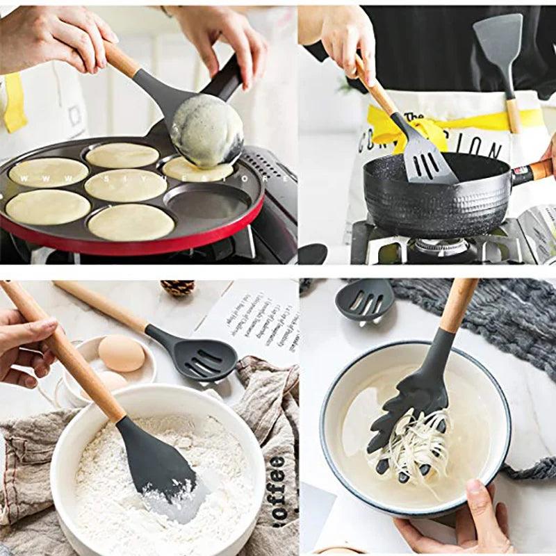 WALFOS Food Grade Silicone Wood Handle Cooking Utensils Cookware Kitchen Cooking Tools Spatula