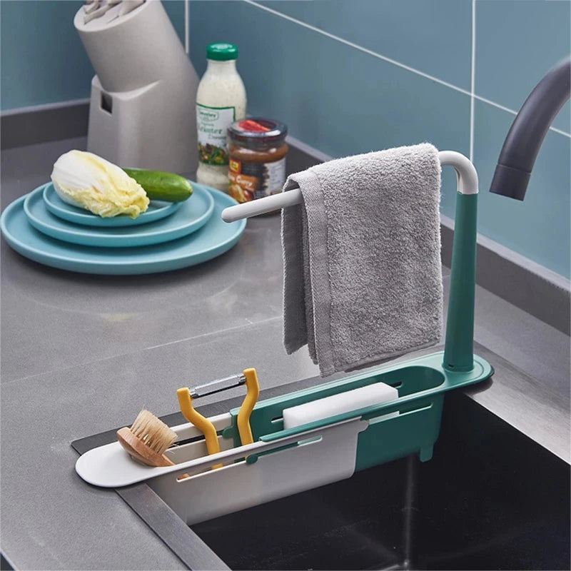 Kitchen Sink Organizer Telescopic Sink Shelf Drainer Rack Storage Basket Soap Sponge Storage