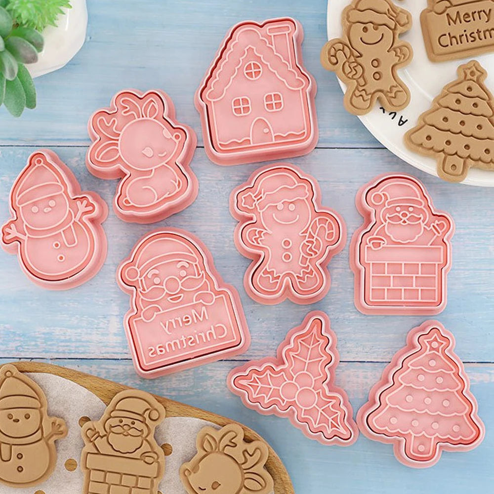 8Pcs/Set Christmas Biscuit Mold Santa Snowman Tree Elk Cute Pattern Cookie Stamp Pressure