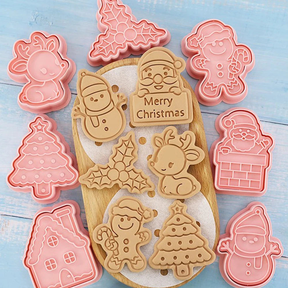 8Pcs/Set Christmas Biscuit Mold Santa Snowman Tree Elk Cute Pattern Cookie Stamp Pressure