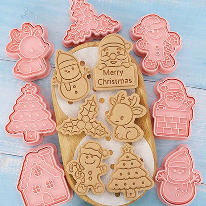 8Pcs/Set Christmas Biscuit Mold Santa Snowman Tree Elk Cute Pattern Cookie Stamp Pressure