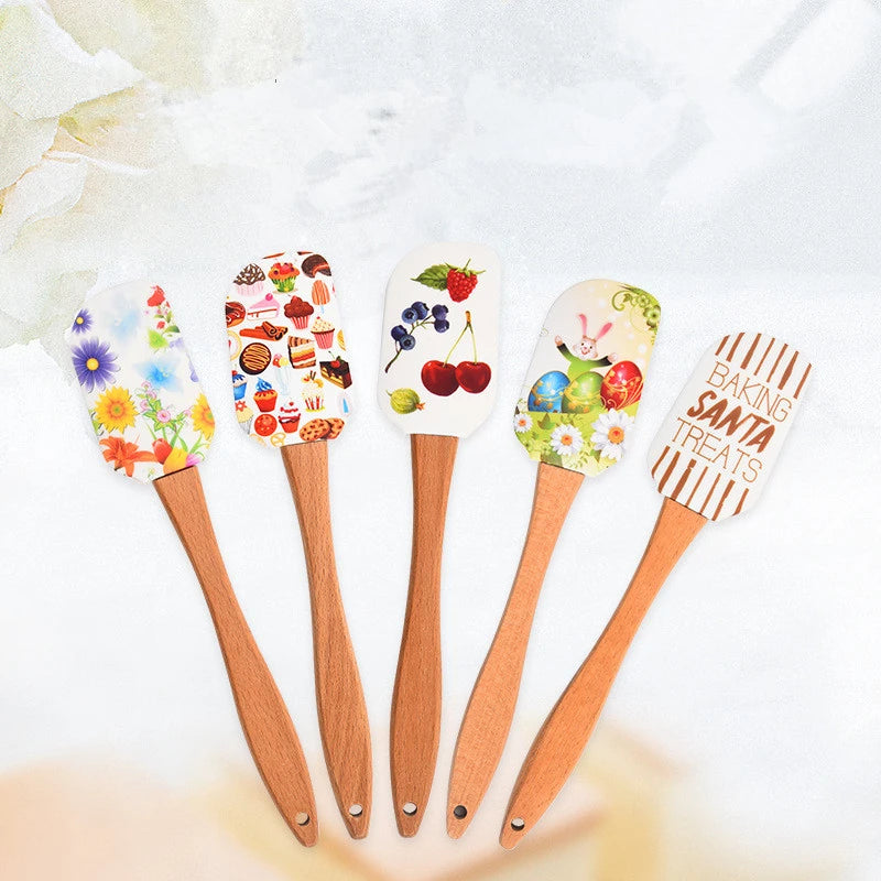 Christmas Pattern Cake Cream Silicone Spatula | 25 cm with Wooden Handle Butter Pastry Scraper