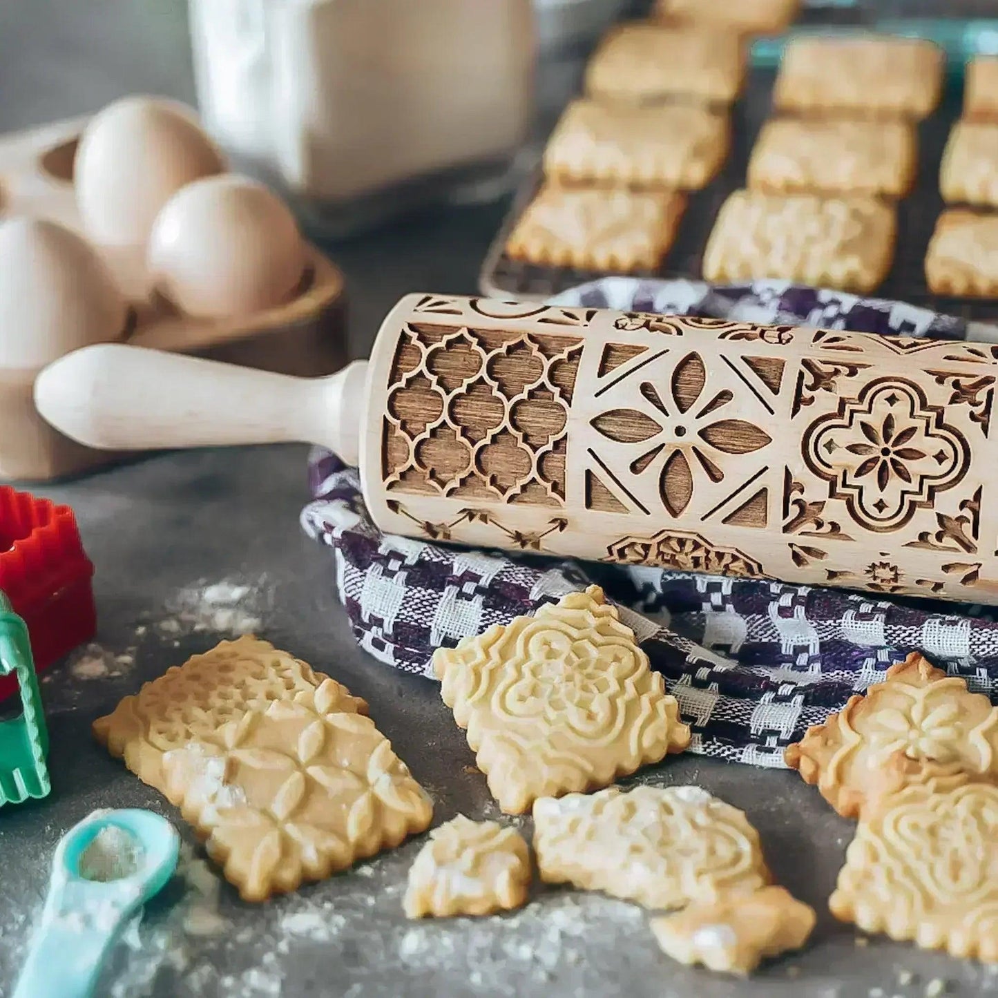 Printing Rolling Pins Rock Snowflake Elk Wooden  Embossing Baking Cookies Biscuit Fondant Cake