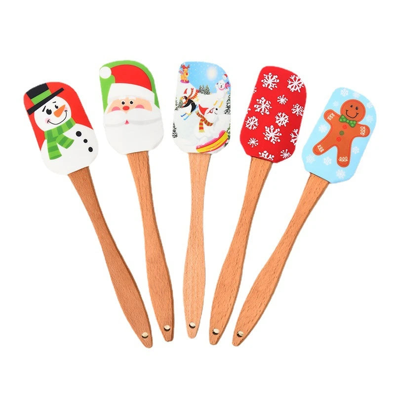 Christmas Pattern Cake Cream Silicone Spatula | 25 cm with Wooden Handle Butter Pastry Scraper