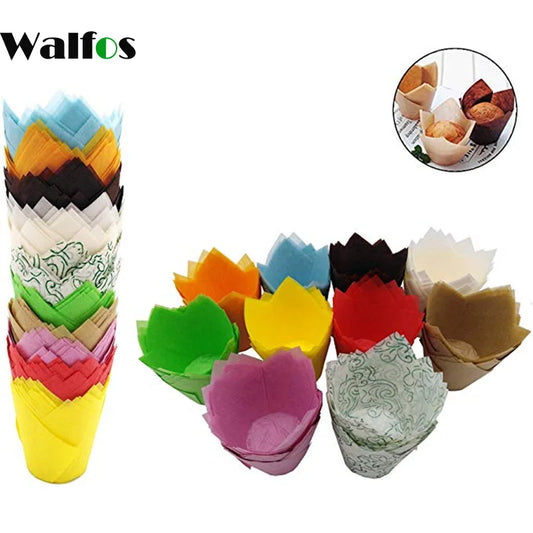 WALFOS 50Pcs/Pack Paper Cupcake Liner Mold Tulip Flower Chocolate Cupcake Wrapper Baking Muffin