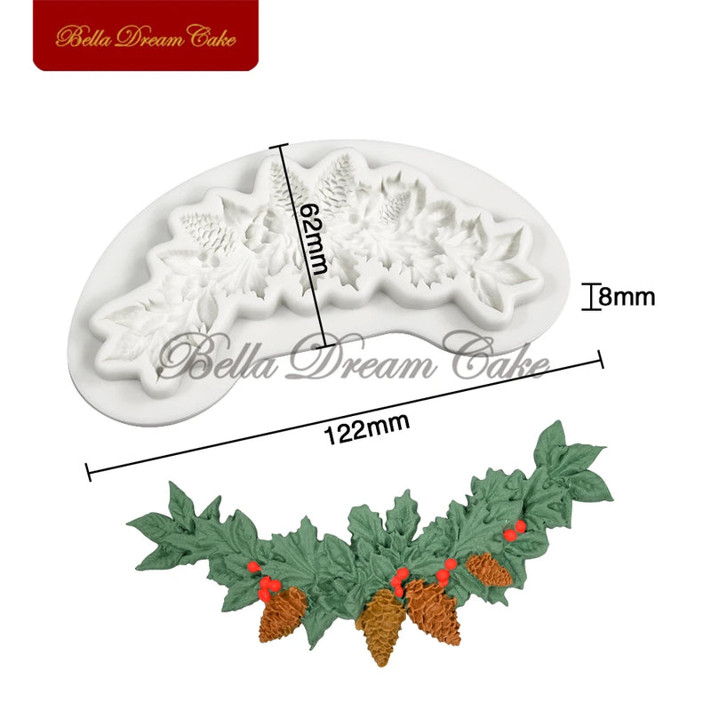 3D Christmas Reindeer/Pine Nut Leaf Wreath Silicone Mold Fondant Chocolate Mould DIY