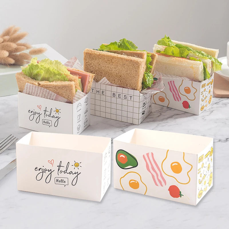 10Pcs Sandwich Packaging Paper Box Cake Burger Wrappers Oil-Proof Dessert Snack Wrapping Tray