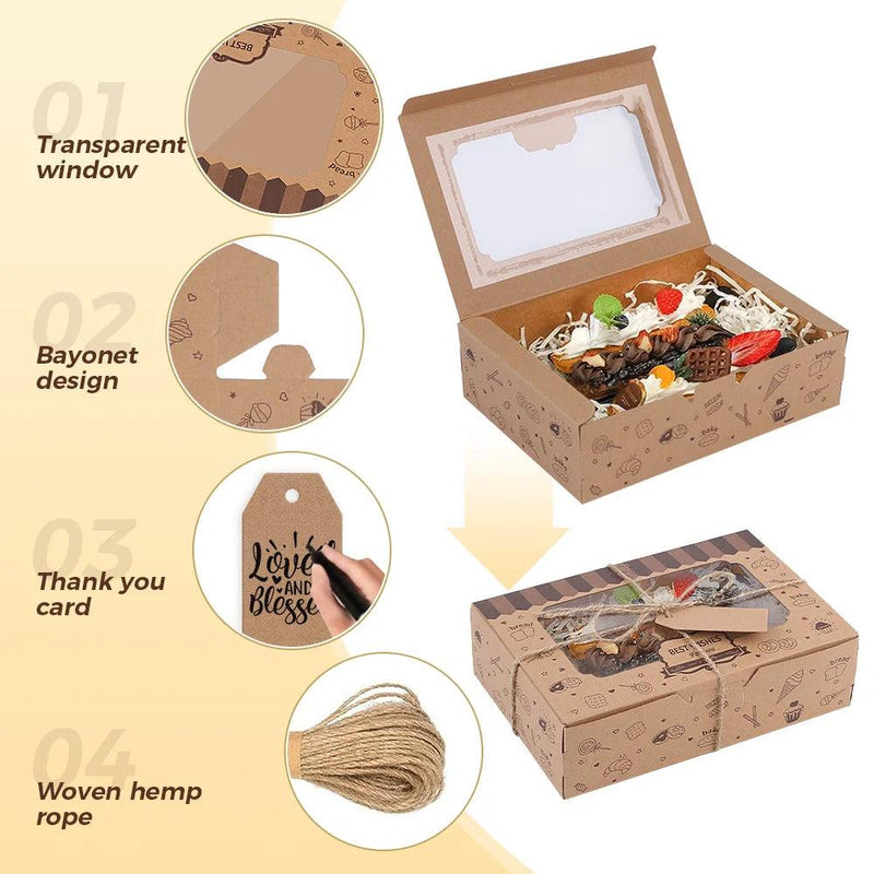 Cookie Bakery Boxes with Window - 24 Pieces Dessert Boxes with Rolls Rope and Stickers,