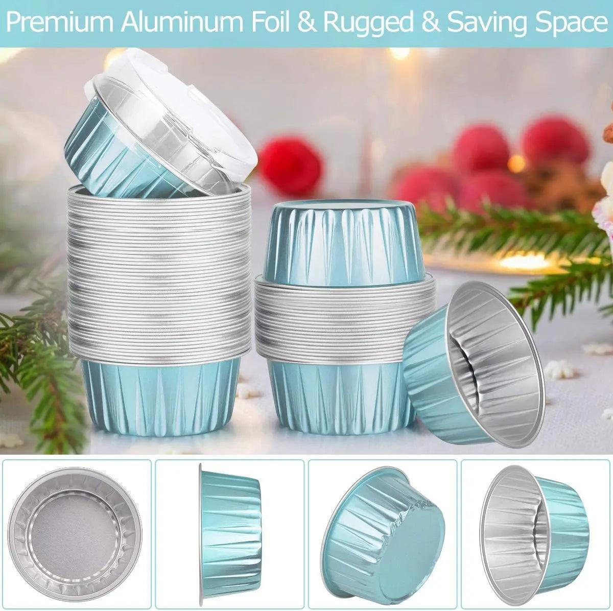 50Pcs Ramekins with Lids, 5oz Aluminum Foil Baking Cups Cupcake Muffin Liners Pudding Dessert Cups