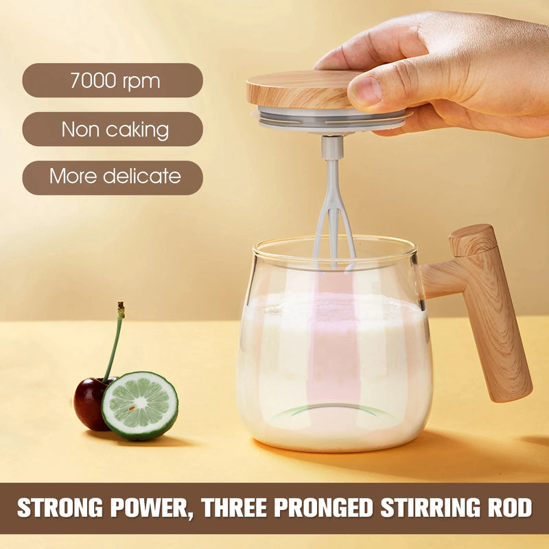 400ML Self Stirring Coffee Mug 7000rpm High Speed Self Mixing Glass Mug With Wooden Handle