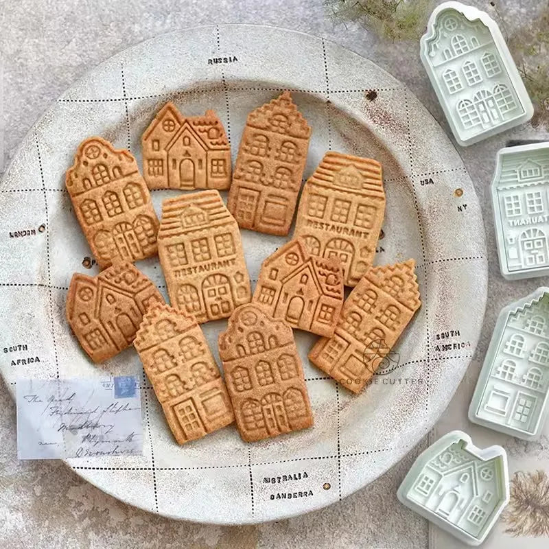 4Pcs Christmas Gingerbread House Pattern Cookie Cutter Biscuit Stamp Fondant Cake Decoration