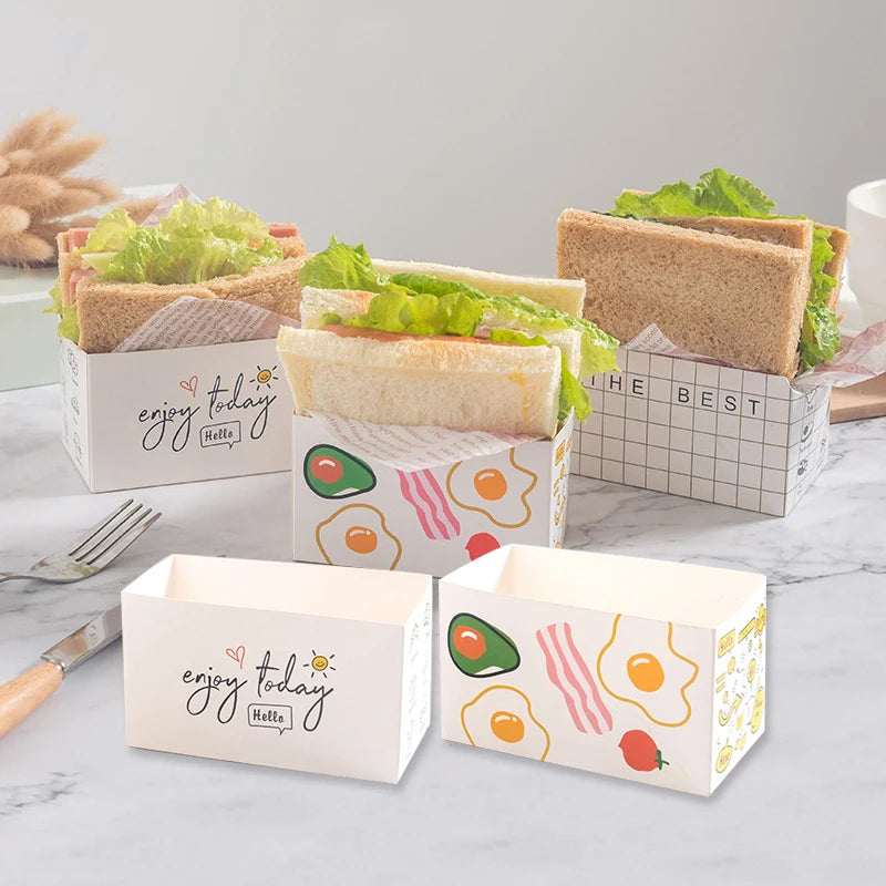 10Pcs Sandwich Packaging Paper Box Cake Burger Wrappers Oil-Proof Dessert Snack Wrapping Tray