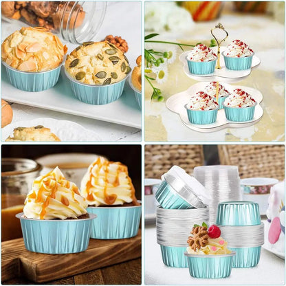 50Pcs Ramekins with Lids, 5oz Aluminum Foil Baking Cups Cupcake Muffin Liners Pudding Dessert Cups