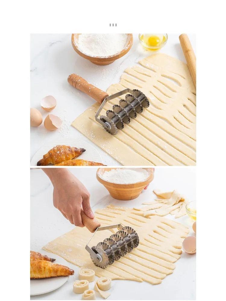 Stainless Steel Wooden Handle Pull Net Wheel Knife Pizza Pastry Lattice Roller Cutter