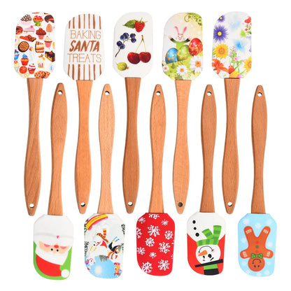 Christmas Pattern Cake Cream Silicone Spatula | 25 cm with Wooden Handle Butter Pastry Scraper