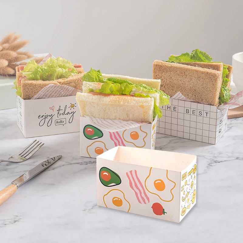 10Pcs Sandwich Packaging Paper Box Cake Burger Wrappers Oil-Proof Dessert Snack Wrapping Tray