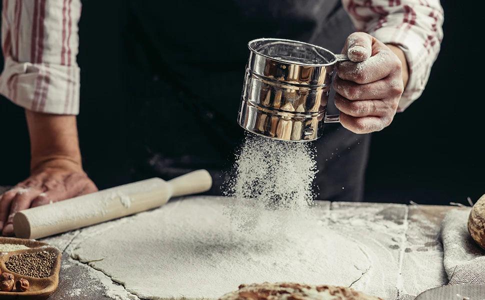 Flour Sifter,Stainless steel double layer fine mesh baking sieve,One Hand Press Crank Sifter for Powdered Sugar Shaker Duster