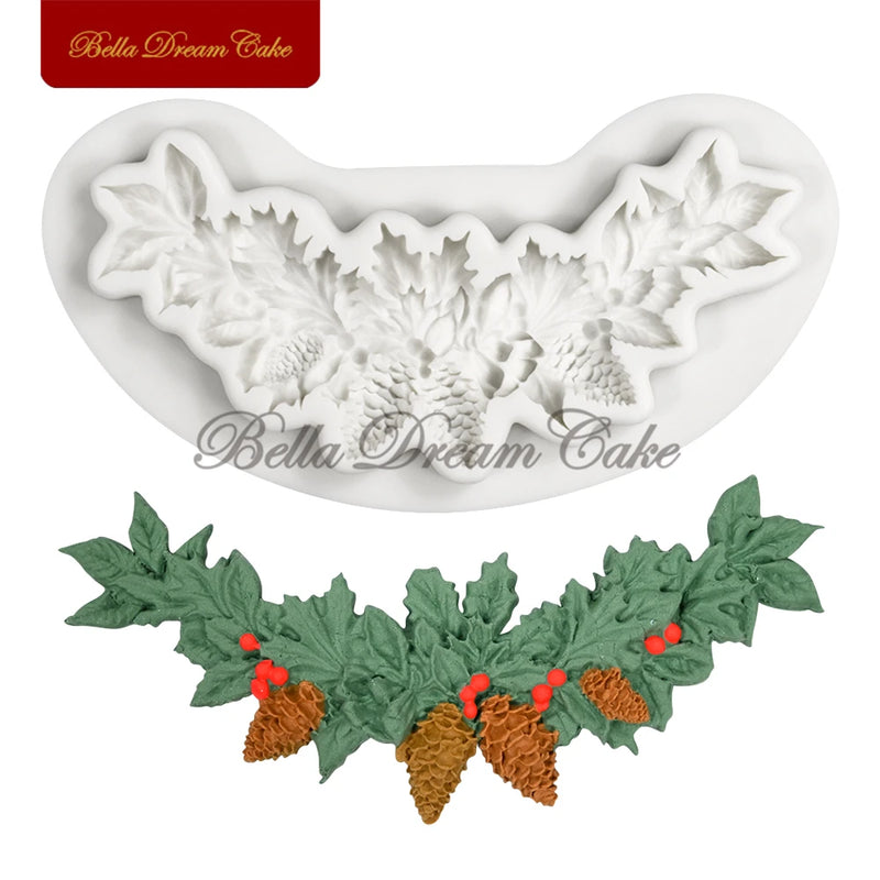 3D Christmas Reindeer/Pine Nut Leaf Wreath Silicone Mold Fondant Chocolate Mould DIY