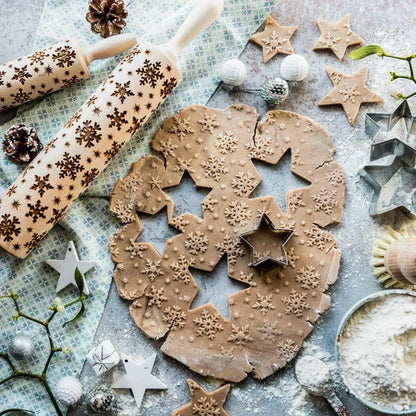 Printing Rolling Pins Rock Snowflake Elk Wooden  Embossing Baking Cookies Biscuit Fondant Cake