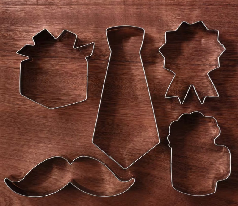 KENIAO Father's Day Cookie Cutter Set - 5 Pieces - Necktie, Moustache, Beer Mug, Medal, Gift Box Biscuit Molds - Stainless Steel