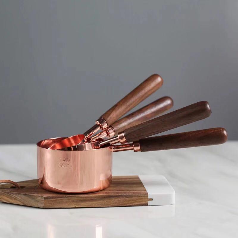 4pcs/set Stainless Steel Measuring Cups with Wood Handle Rose Gold For Baking Sugar - BAKEWARE : NEW ZEALAND