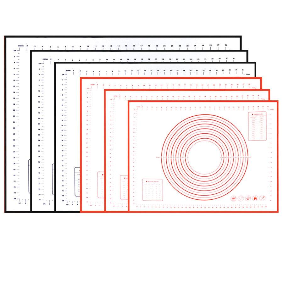 A set of four eco-friendly Extra Large 32"x24" Silicone Baking Mat - Non-Stick Non-Skid Pastry Mat with Measurements by Leeseph made from food grade silicone, each with measurement markings along the edges and concentric circles in the center. The mats come in black, dark gray, light gray, and red, featuring both metric and imperial units for precision.