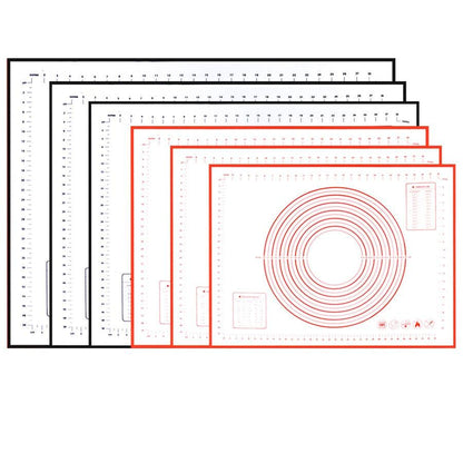 A set of four eco-friendly Extra Large 32"x24" Silicone Baking Mat - Non-Stick Non-Skid Pastry Mat with Measurements by Leeseph made from food grade silicone, each with measurement markings along the edges and concentric circles in the center. The mats come in black, dark gray, light gray, and red, featuring both metric and imperial units for precision.