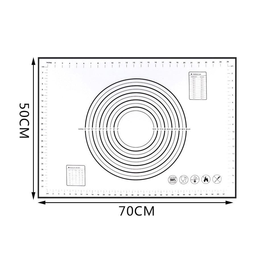 A Bakeware New Zealand Extra Large 32"x24" Silicone Baking Mat - Non-Stick Non-Skid Pastry Mat with Measurements by Leeseph, made from food grade silicone. The eco-friendly mat features concentric circles at the center for guiding dough sizes, along with rulers along the edges in centimeters and inches. It also includes various measurement conversion charts and symbols.