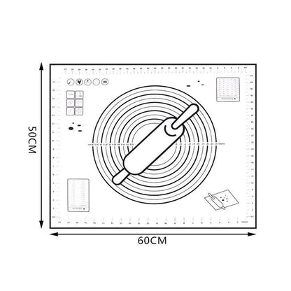 Diagram of an Extra Large 32"x24" Silicone Baking Mat - Non-Stick Non-Skid Pastry Mat with Measurements by Leeseph made from food grade silicone, featuring measurement guides, circular guides, and a rolling pin illustration in the center. The mat includes ruler markings along the edges and cookie size templates in the corners by Bakeware New Zealand.