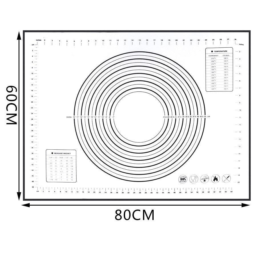 The Bakeware New Zealand Extra Large 32"x24" Silicone Baking Mat - Non-Stick Non-Skid Pastry Mat with Measurements by Leeseph features concentric circles in the center, marked rulers along the edges, and temperature and weight conversion tables in the corners. Made from eco-friendly, food grade silicone, its dimensions are labeled as 60 cm by 80 cm.