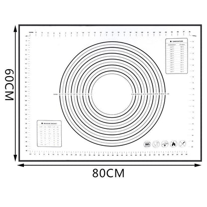 The Bakeware New Zealand Extra Large 32"x24" Silicone Baking Mat - Non-Stick Non-Skid Pastry Mat with Measurements by Leeseph features concentric circles in the center, marked rulers along the edges, and temperature and weight conversion tables in the corners. Made from eco-friendly, food grade silicone, its dimensions are labeled as 60 cm by 80 cm.