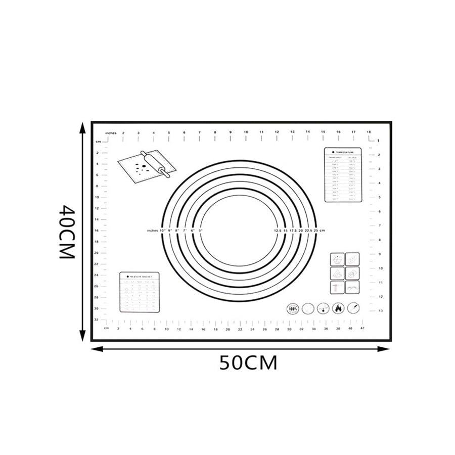 An Extra Large 32"x24" Silicone Baking Mat - Non-Stick Non-Skid Pastry Mat with Measurements by Leeseph with a printed circular measurement guide in the center, surrounded by a grid with centimeters marked on the left (40CM) and bottom (50CM) edges. Made from eco-friendly, food grade silicone, it also features additional diagrams and charts in the corners. Produced by Bakeware New Zealand.