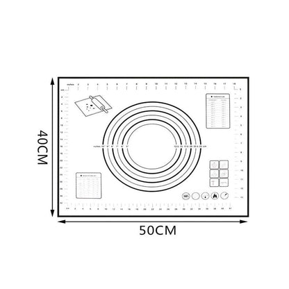 An Extra Large 32"x24" Silicone Baking Mat - Non-Stick Non-Skid Pastry Mat with Measurements by Leeseph with a printed circular measurement guide in the center, surrounded by a grid with centimeters marked on the left (40CM) and bottom (50CM) edges. Made from eco-friendly, food grade silicone, it also features additional diagrams and charts in the corners. Produced by Bakeware New Zealand.