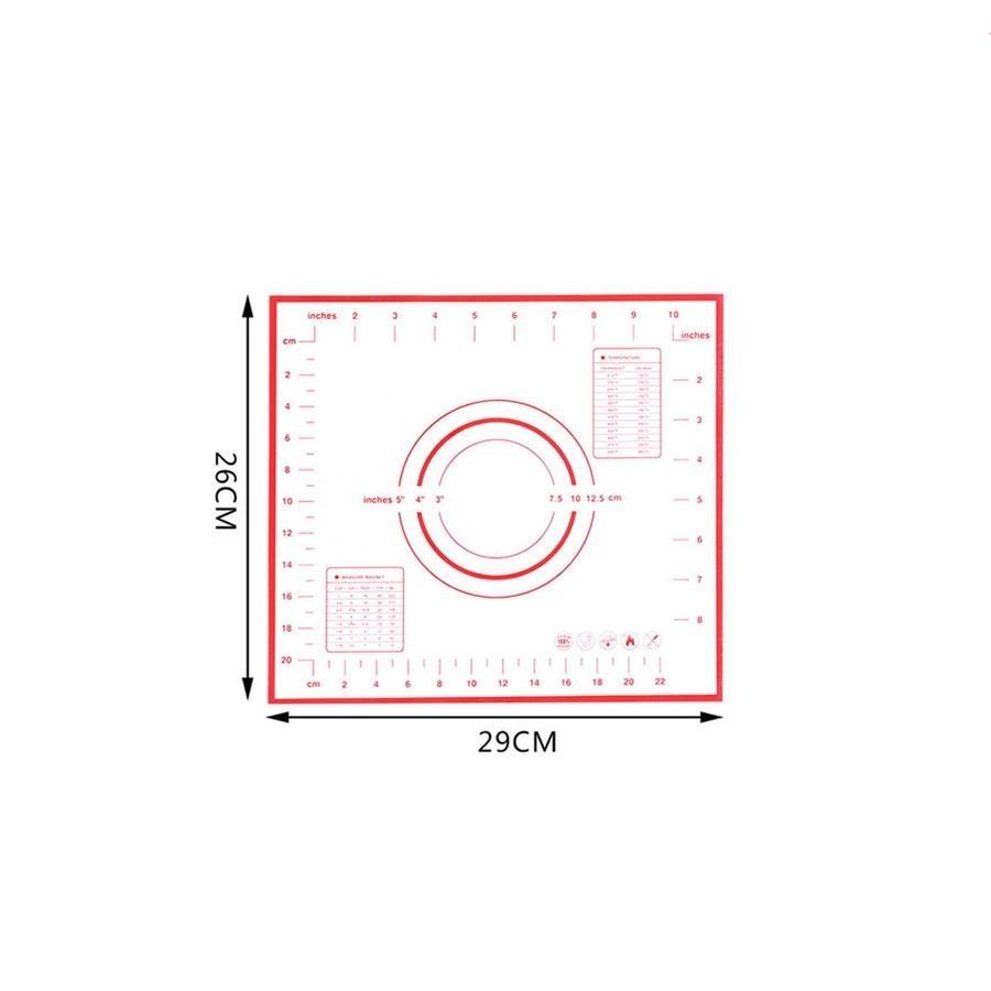 A red and white Extra Large 32"x24" Silicone Baking Mat - Non-Stick Non-Skid Pastry Mat with Measurements by Leeseph, made from eco-friendly food grade silicone, has dimensions marked as 29 cm wide and 26 cm high. It features concentric circles in the center, measurement grids along the edges, and various size charts in both centimeters and inches by Bakeware New Zealand.